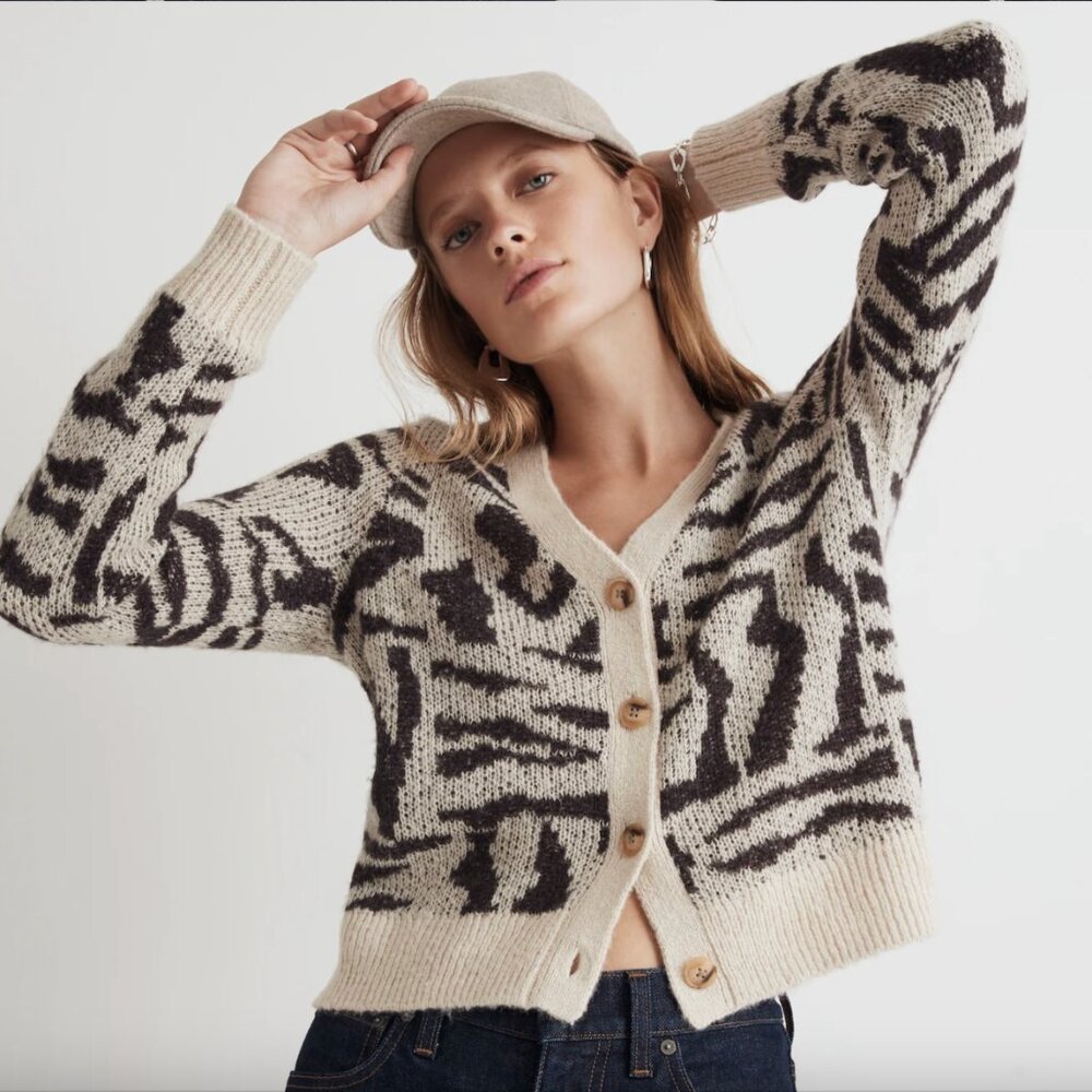 Madewell V-Neck Cardigan in Abstract Animal sz S Alpaca Blend